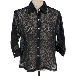 West End Blouse Small Black Sheer Mesh Burn Out  Goth  Vampy  Romantic